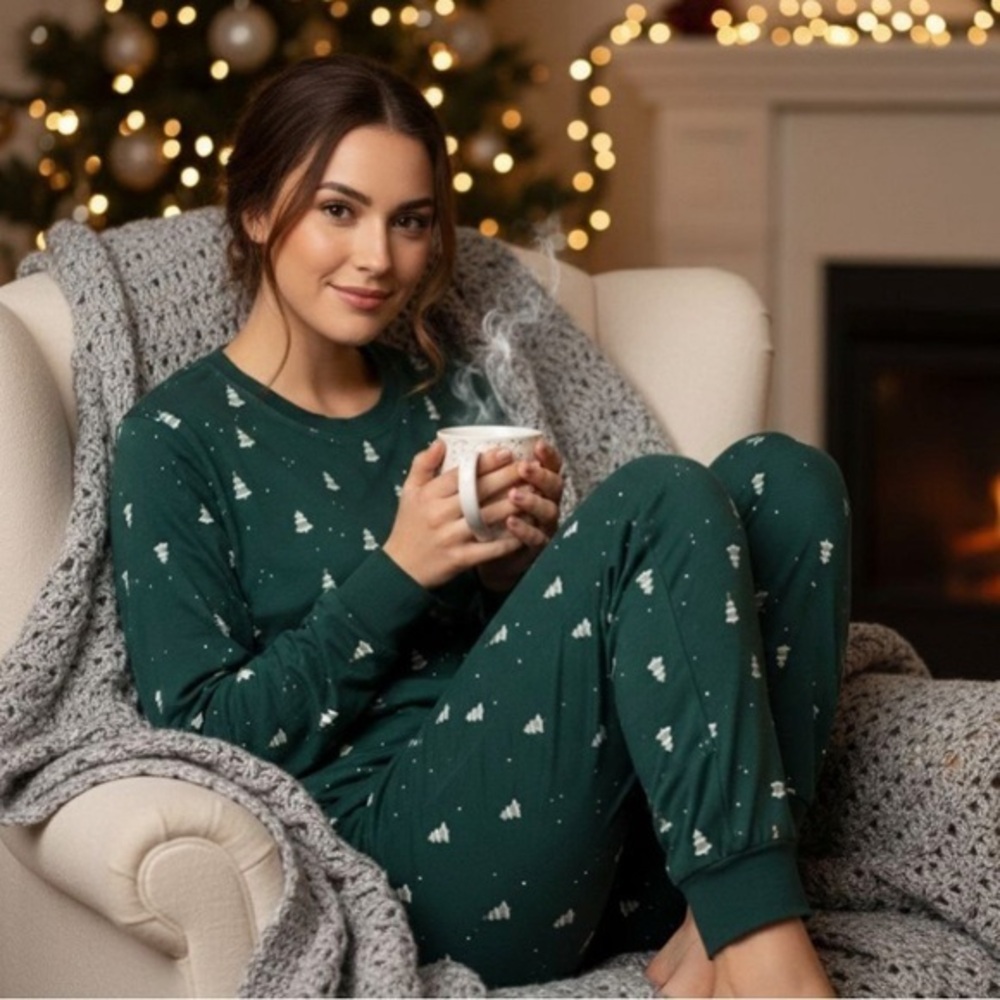 Petit Lem Cozy Pajama Set Tree Print Size Medium in Green